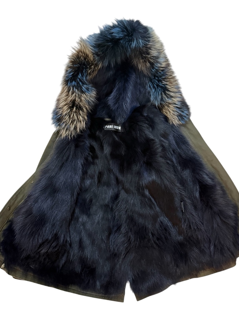 Peri Luxe 3-in-1 Genuine Fox Fur Parka Coat XS Army Green Blue Dyed Fur